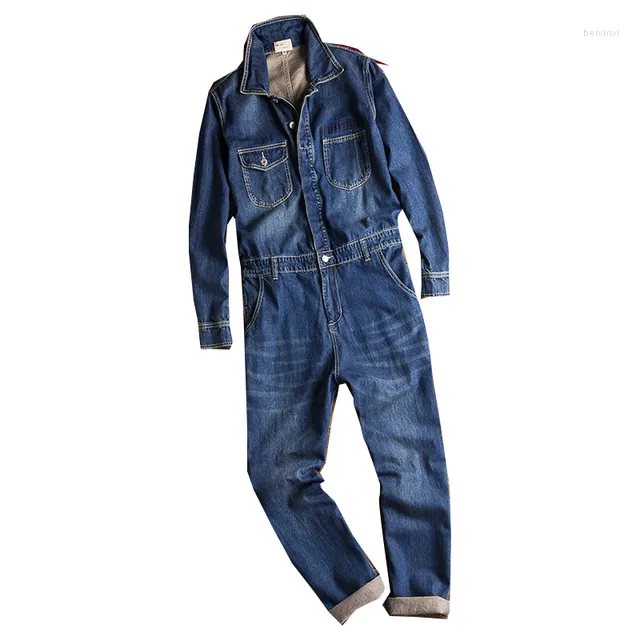 Jeans Spring and Autumn Overalls Men s Denim Jumpsuits Long Sleeve Lapel Loose Blue Cargo Pants Fashion Workwe