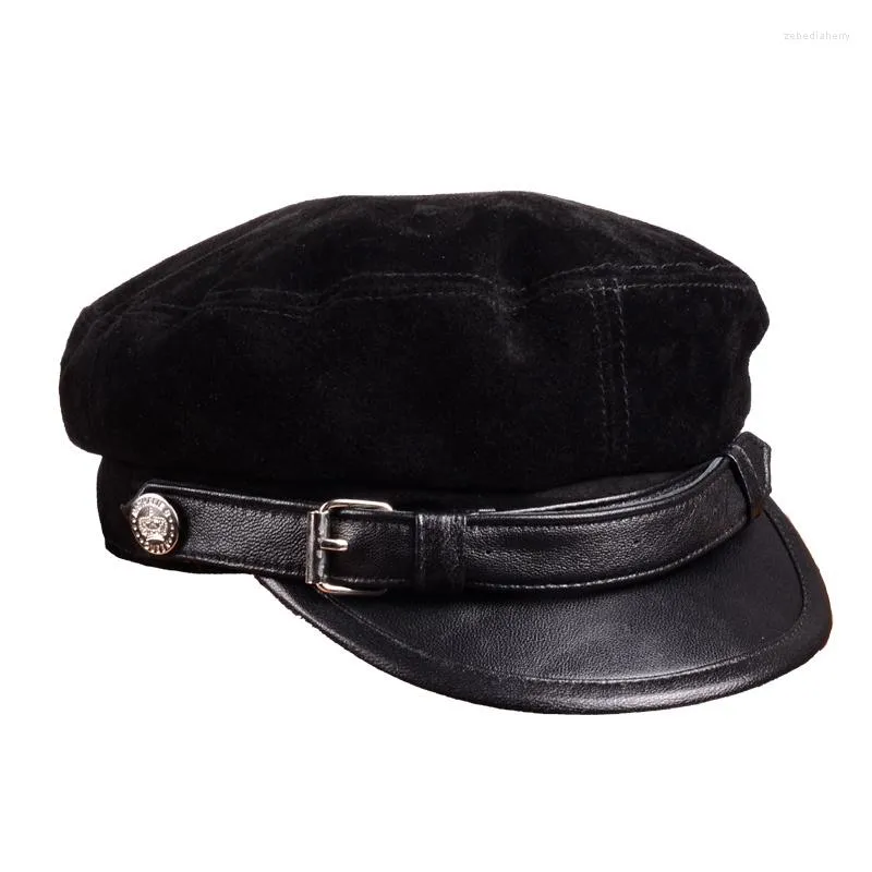 Ball Caps Women Leather Hats For Men 2023 Winter Vintage Thin Black Suede Motorcycle Berets Cap With Belt Male Korean Student Cadet Hat 61