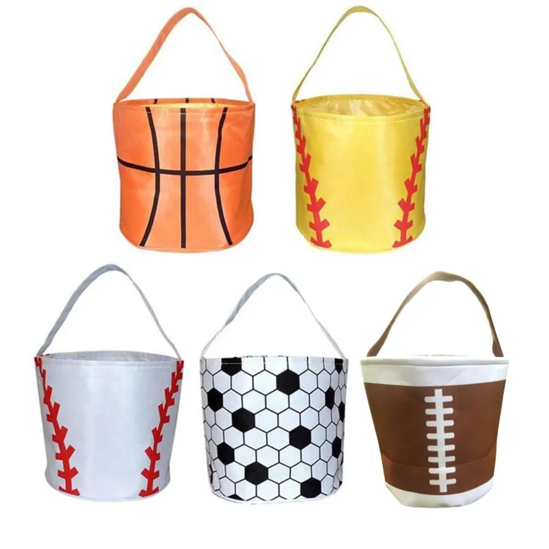 Sports Party Easter Basket Påsar med handtag som bär gåva handväska ägg jagar på godis mellanmål lagringsväska leksaker hink för barn fest halloween dekoration 5 färger