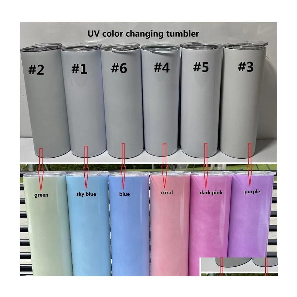 Gobelets Uv Couleur Changeante Tumbler 20Oz Sublimation Sun Light Sensing Acier Inoxydable Straight Skinny Avec Couvercle Et Sts Tasses Drop Del Dhpal