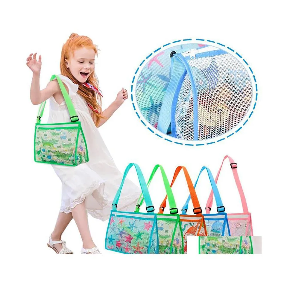 Storage Bags Children Beach Shell For Seashell Toys Collection Mesh Bag Cartoon Dinosaur Starfish Printed Zipper Pouch Tote 5 Colors Dh4Oj