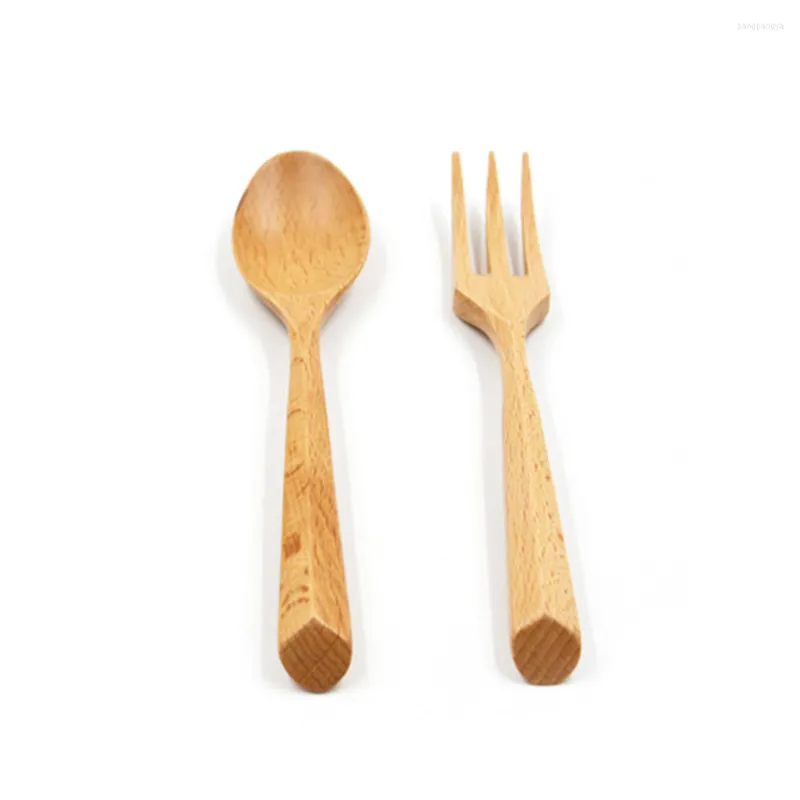Dinnerware Sets 2 Pcs Portable Beech Spoon Fork Set Wooden Western Serving Smooth Handle Tableware