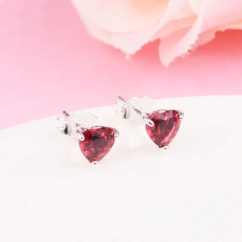 925 Sterling Zilver Rood Hart Stud Oorbellen Past Europese Pandora Style Sieraden Fashion Oorbellen