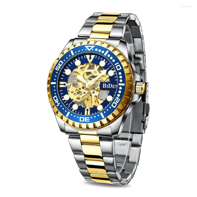 Armbanduhren Top Marke BIDEN Automatische Mechanische Männer Uhren Luxus Goldene Edelstahl Hohl Design Männliche Mode Quarz Armbanduhr