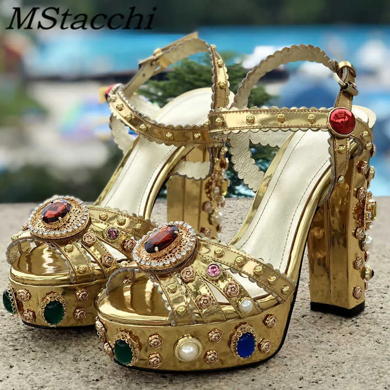 Kl￤nningskor Kvinnor Chunky High Heels Shoes Platform Sandaler f￶r kvinnor Rhinestone Metallic Gold Leather Shoes Woman Peep Toe Wedding Shoes 220117