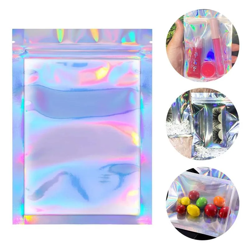 Falska ögonfransar 50st Eyelash Storage Påsar Pouch Holographic Laser Translucent Zip Lock Packaging Xmas Gift Candy Cosmetic Box For Partihandel