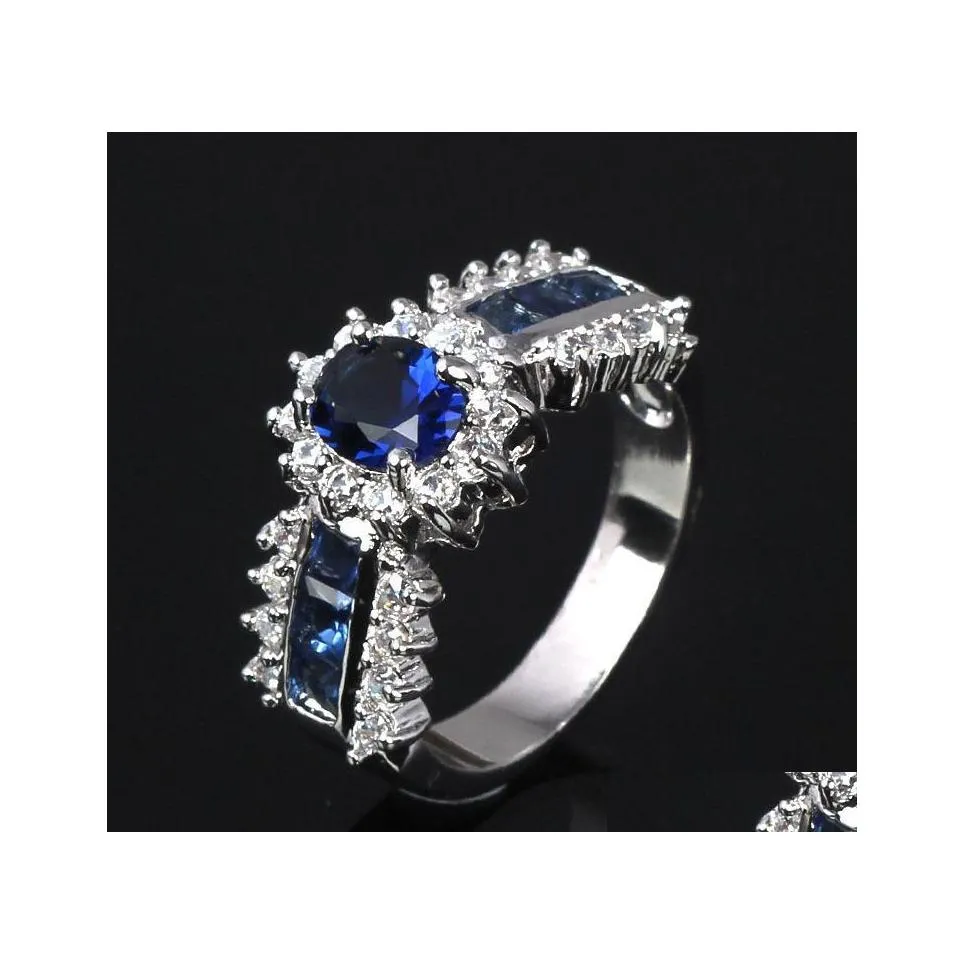 Solitaire ring edelsteen ringen blauw saffier cz 18k goud gevulde bruiloft drop levering sieraden dhgo8