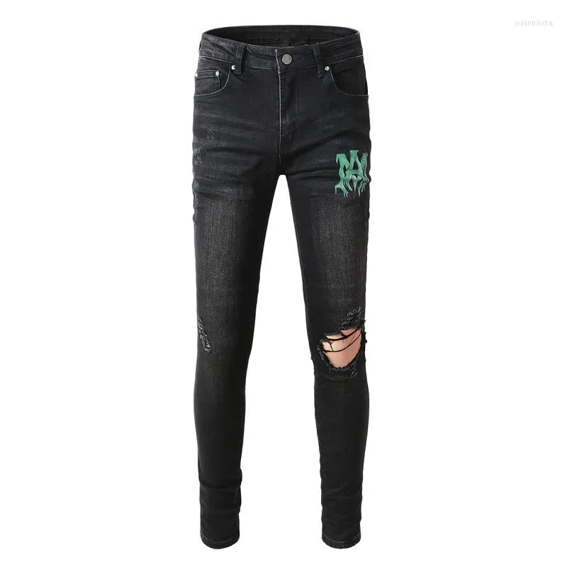 Męskie dżinsy 2023 High Street modna marka Single Knee Hole Logo Logo Umyj Old Elastic Slim Fit Hurtowe