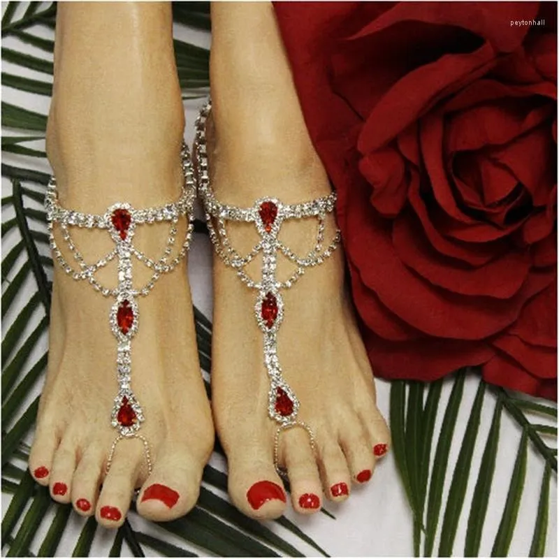 Anklets INS Fashion Red Crystal Finger Ring Foot Chain Bohemian Wind Ladies Ultra Flash Rhinestone Ankle Caw Jewelry Gift
