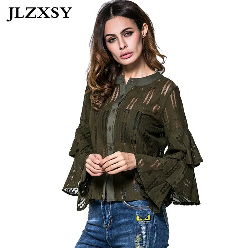 Blouses Femmes Chemises JLZXSY 2023 Printemps Creux Dentelle Blouse Élégante Femmes Flare Manches Volants Automne Bureau Dames Casual Chemise De Fête À