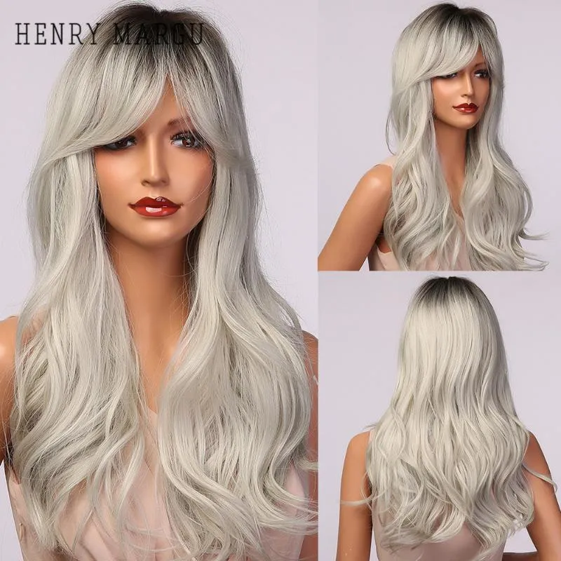 Synthetic Wigs HENRY MARGU Long Wavy Gray Ash White Ombre With Bangs Natural Cosplay Hair For Black Women Heat Resistant