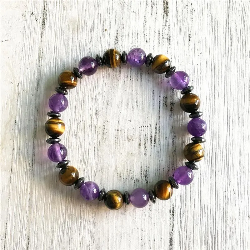 Strand Natural Purple Quartz Bracelet Tiger Eye Mala Beads Bracelets Yoga Hematite Gift For Girlfriend/BoyFrien