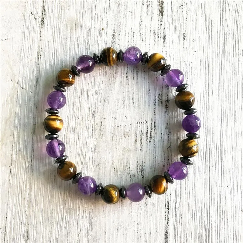 Strand Natural Purple Quartz Armband Tiger Eye Mala Pärlor Armband Yoga Hematitgåva till flickvän/BoyFrien