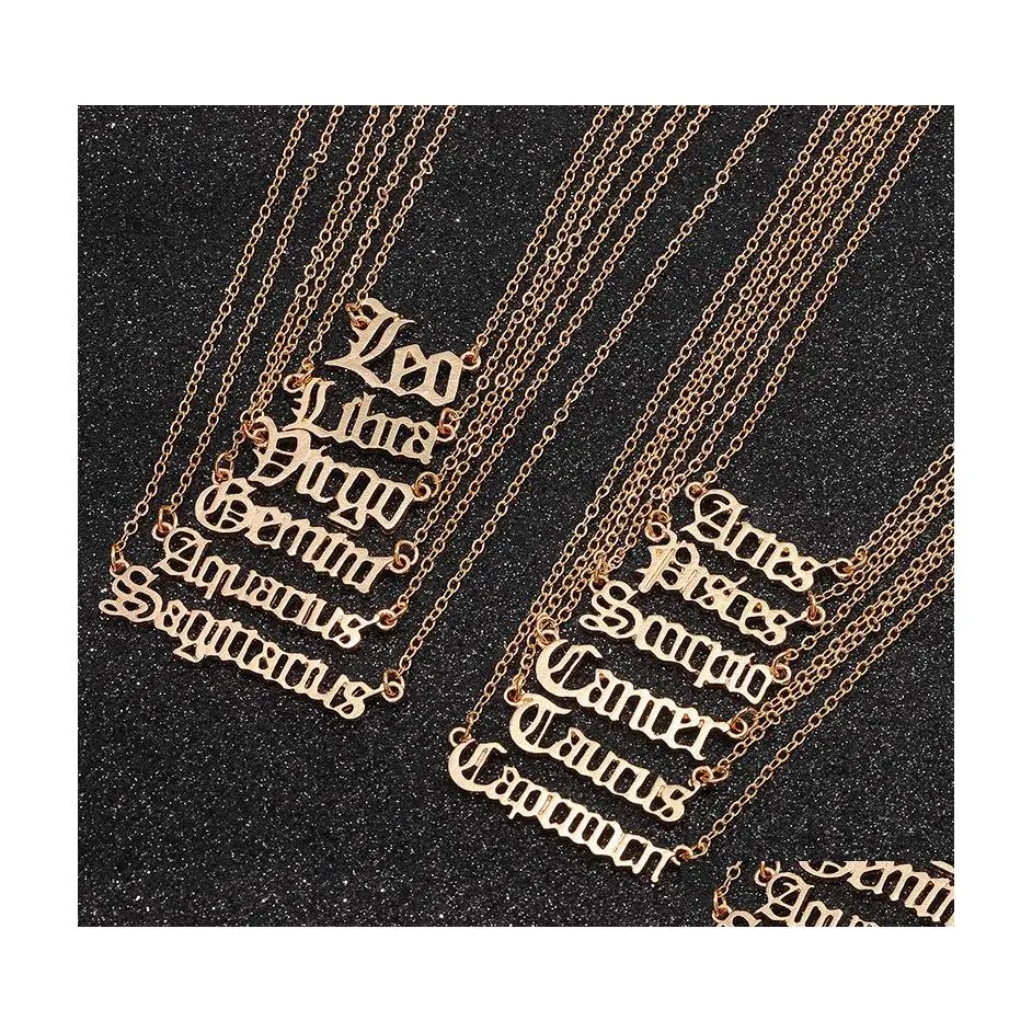 Hänge halsband kreativa bokstav zodiak halsband konstellation anpassad rostfritt stål gamla engelska födelsedagsmycken gåvor droppe Deliv Dht7i