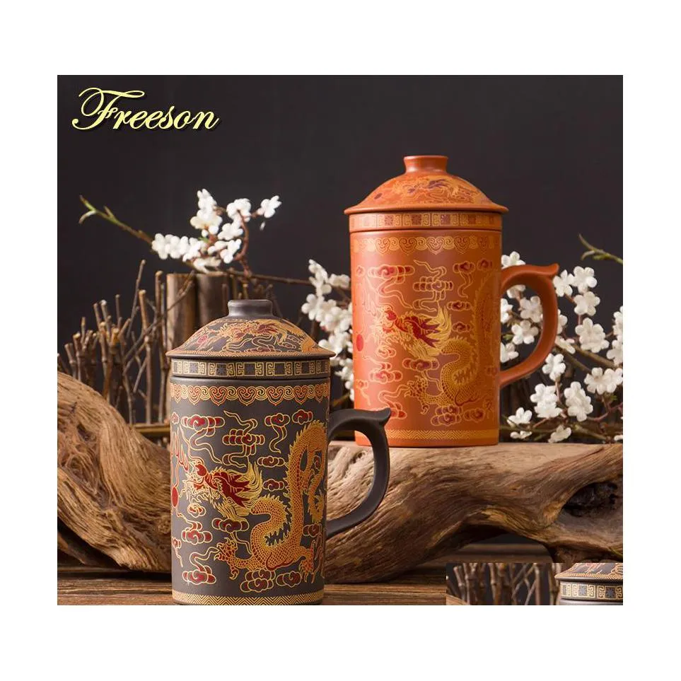 Canecas retro tradicional chin￪s drag￣o phenix caneca de ch￡ de argila roxa com tampa infuser artesanal yixing zisha x￭cara de 300 ml de x￭cara de ch￡ grop d dhwym