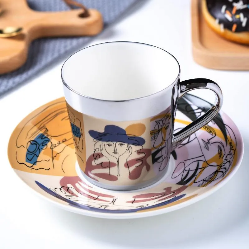 Tasses soucoupes 2023 vente tasse à café en céramique réfléchissante et soucoupe avec cuillère miroir créatif réfraction placage tasses