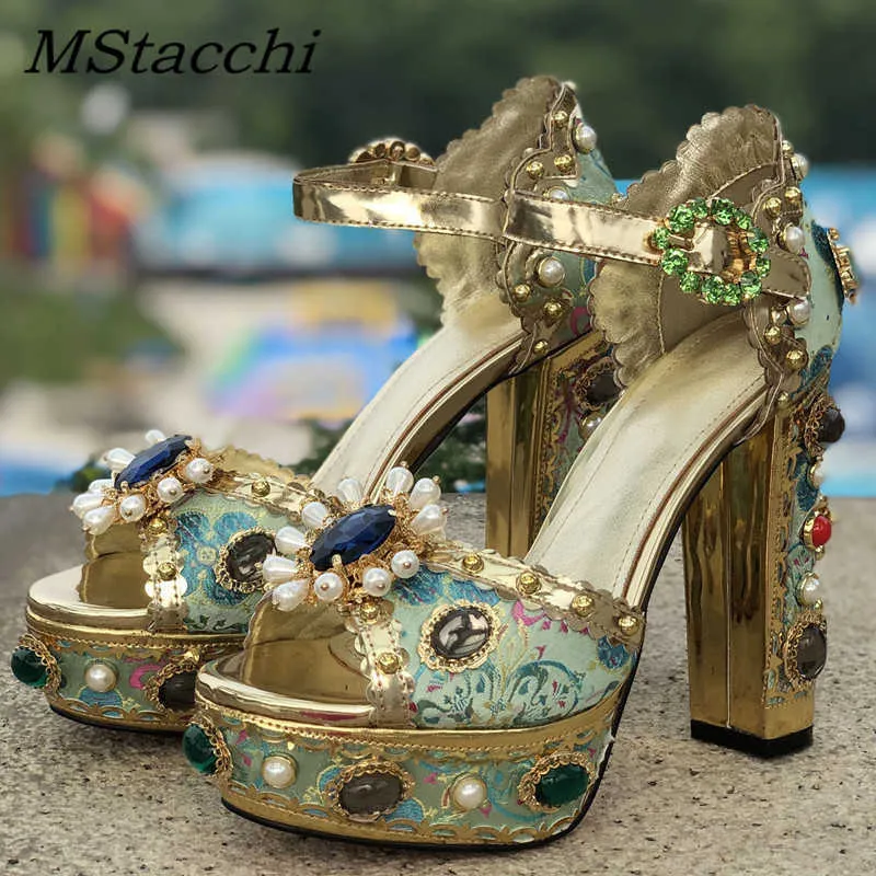 Dress Shoes Sandals MStacchi Luxury Brand Women Platform Sandals Crystal Embroidery High Heel Sandalia Feminina Buckle Strap Rhinestone Wedding Shoe 220117