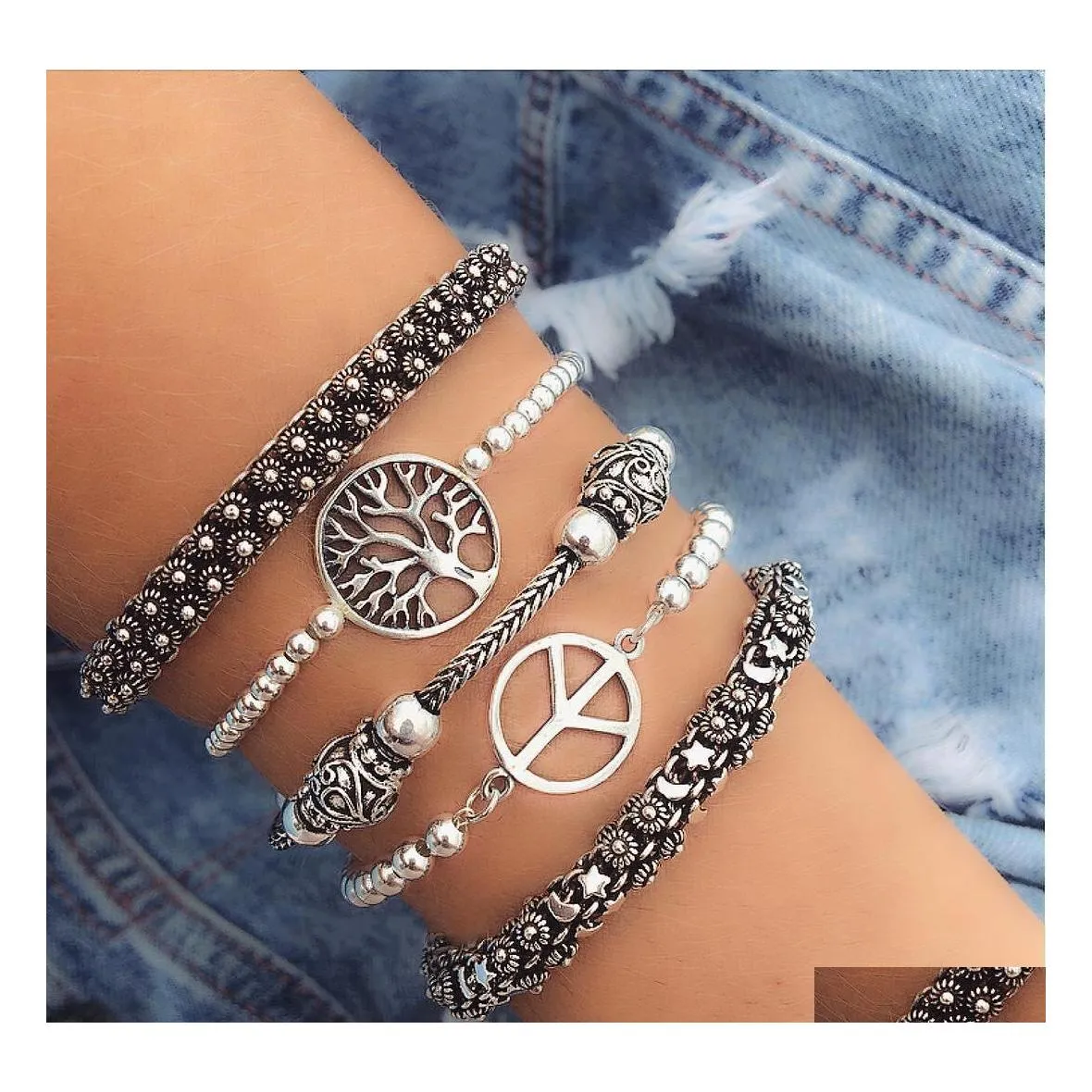 Manschette Mode Antike 925 Silber Armreif Offene Frauen Armbänder Nette Mond Und Stern Daisy Armreifen Für DIY Schmuck Großhandel Drop Lieferung Dhdkx