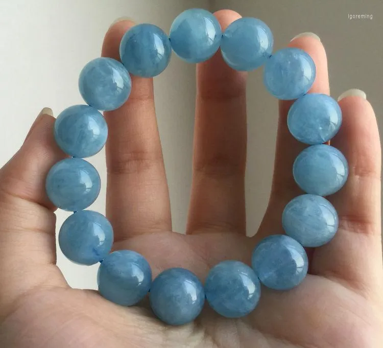 Strand 14mm Bracelet de perles rondes bleues naturelles véritables claires