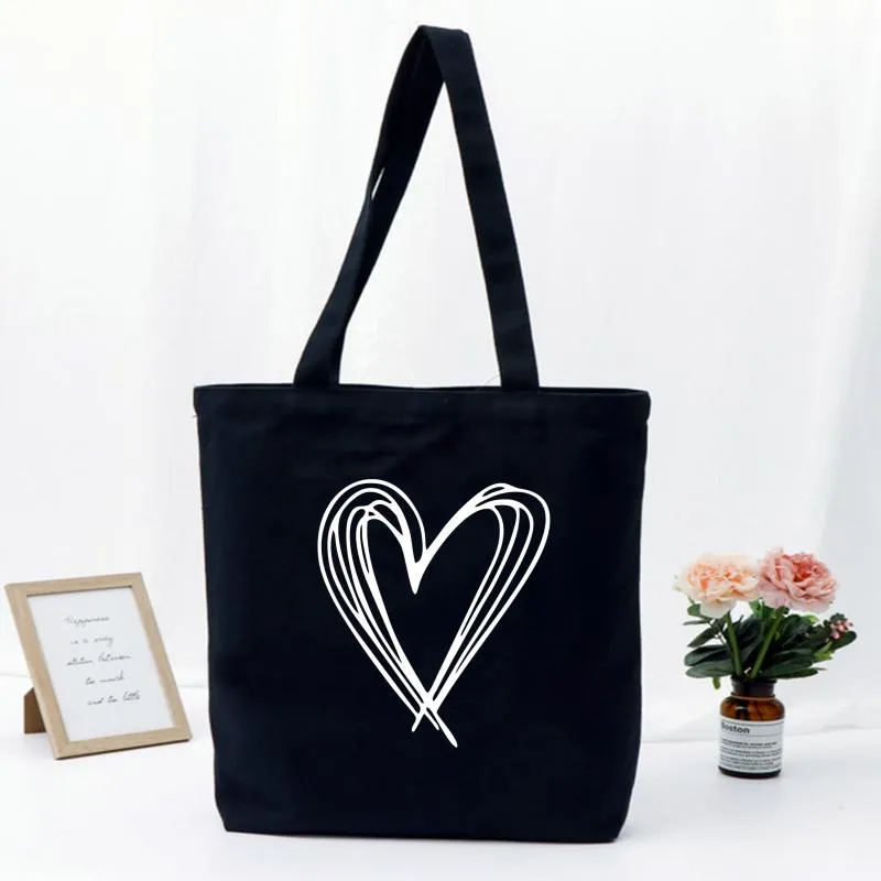 Sacs à provisions mode Shopper sac femmes été toile graphique amour imprimé dame fourre-tout pour fille cadeau noir BagsShopping