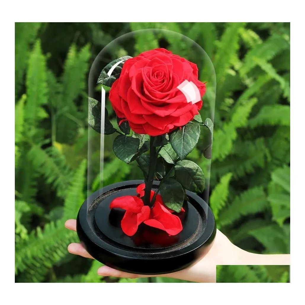 Ghirlande di fiori decorativi Fiore di rosa eterna con cupola in vetro Base nera Regalo artificiale per San Valentino Natale Home Decora Dhngs