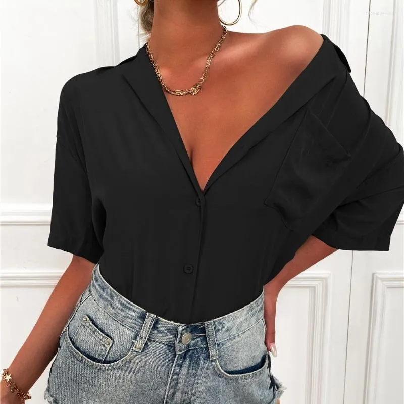 Blouses Femme Chemisier Femme Couleur Unie Poche Manches Courtes Décontracté Quotidien Chemise Mode Élégant 2023 Été Dames Hauts Style Occidental