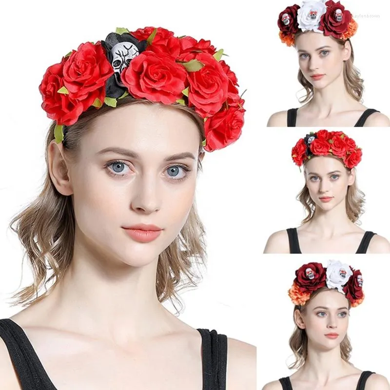 Coiffures Halloween grande fleur cheveux cerceau bandeau avec crâne accessoires de coiffure décoratifs pour carnaval Cosplay