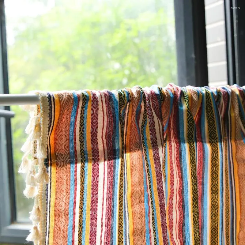 Tenda Boho Stile Nazionale Tulle Strisce Trasparenti Finestra Corta Ricamata Per La Decorazione Domestica Del Soggiorno Nel Caffè Della Cucina