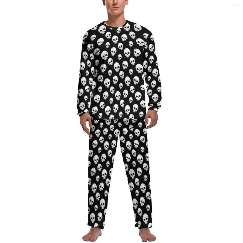 Vêtements de nuit pour hommes noir avec crâne blanc Pyjamas Holloween Print Home Suit Homme 2 Pièces Graphique Manches Longues Mignon Pyjama Ensembles