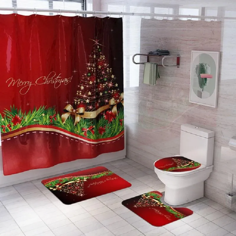 Cortinas de ducha con estampado de árbol de Navidad, juego de cortinas impermeables para baño, alfombrilla antideslizante para inodoro, 4 Uds.