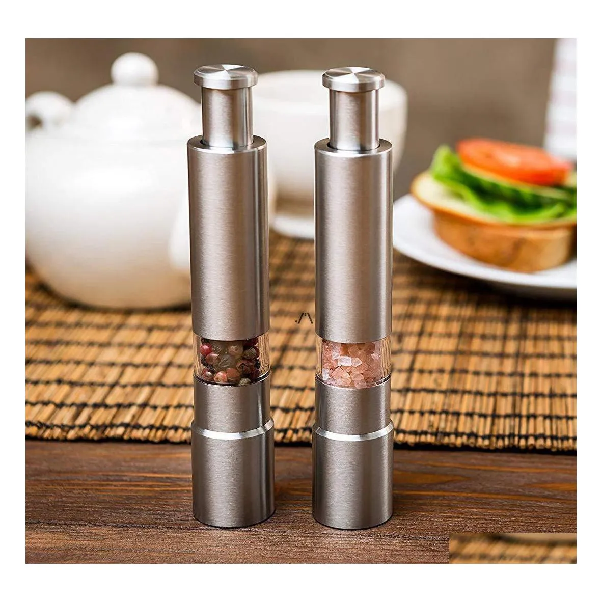 Mills Stainless Steel Grinder Thumb Push Salt Pepper Grinding Portable Manual Peppesrs Hine Spice Sauce Kitchen Tool Pab11611 Drop D Ot7V9