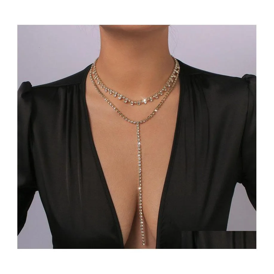 Ketten Mode Fl Strass Kette Doppelschicht Halskette Schmuck für Frauen Aussage Lange Quaste Halsreifen Luxus Ausschnitt Drop Delive DHFSY