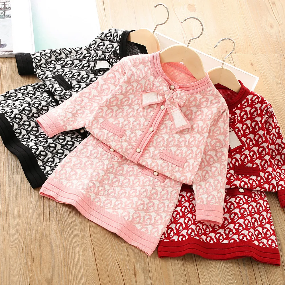 Bambini Ragazze Carino Maglione Set Primavera Moda Fiocco Cardigan Maglione con Gonna Set di due pezzi Autunno Neonata Toddler Festa di compleanno Vestiti