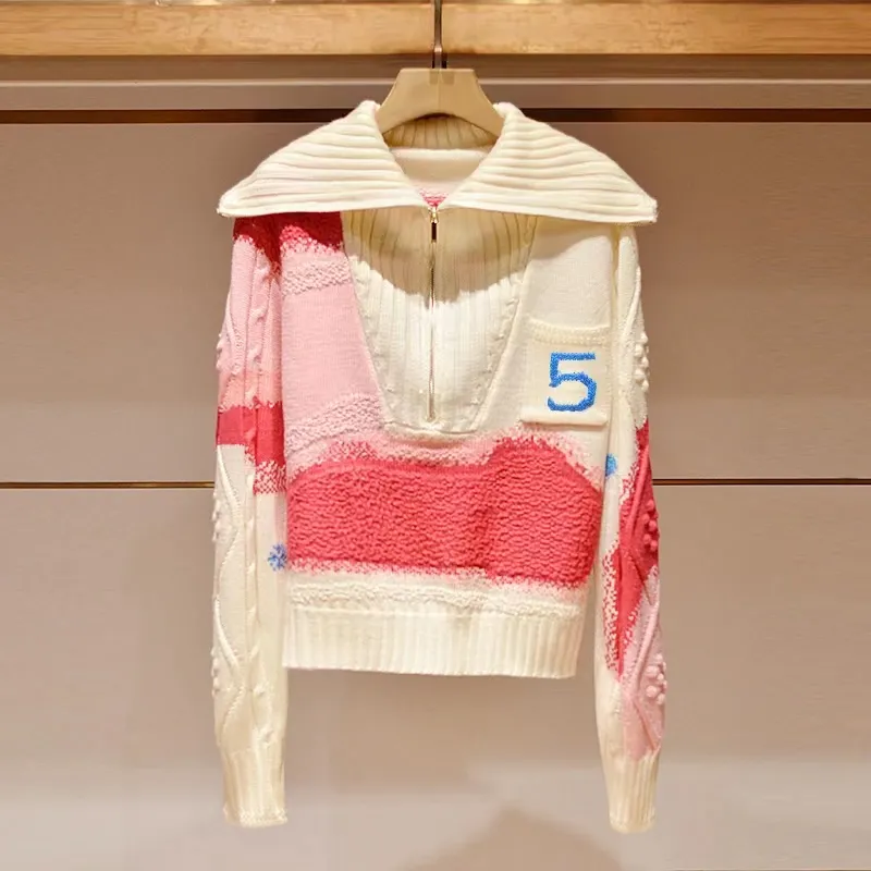 High-end luxury women's sweater colorful patchwork lapel knitted fashion sweaters for woman classic No. 5 Everything zipper designer sweaters