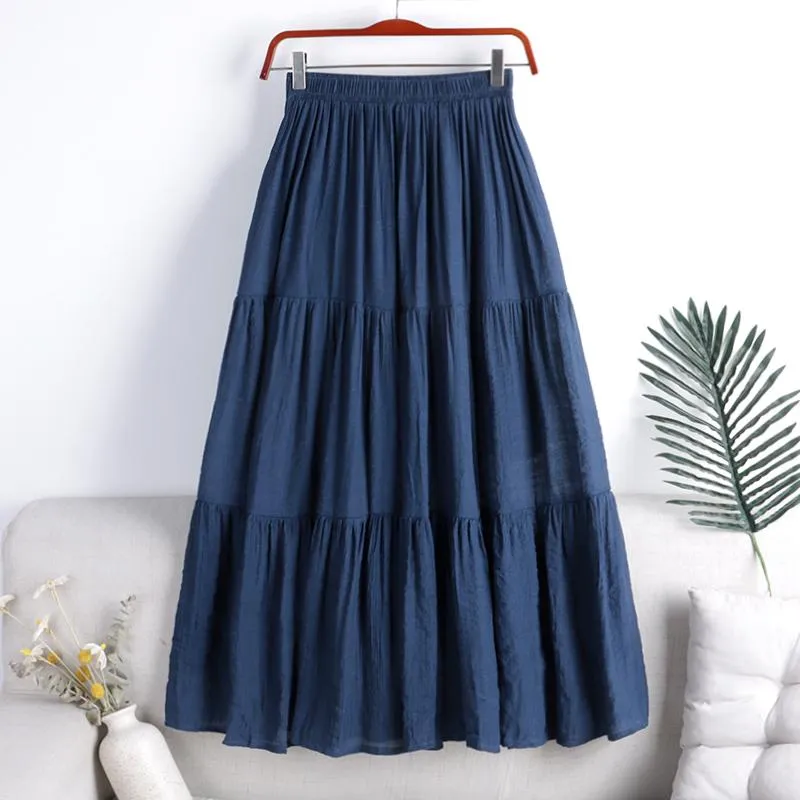 Skirts Designer Chic Maxi Skirt Woman 2023 Summer A-Line Solid Patchwork Minimalist Cotton Linen Pleated Jupe Femme