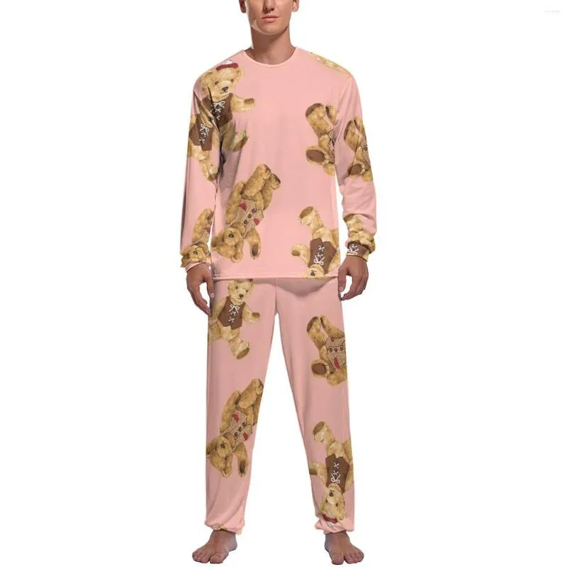 Men's Sleepwear Cartoon Bear Pajamas Man Cute Animal Print Romantic Daily Long Sleeve 2 Pieces Casual Pajama Sets