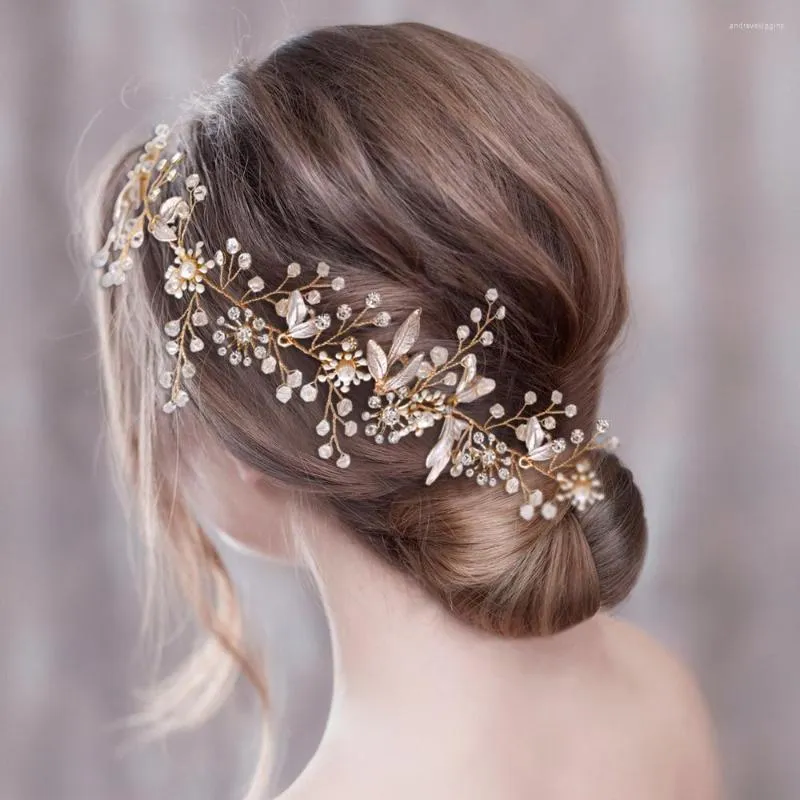Headpieces headbandtwo hårstift u form bröllop smycken set gyllene legering blad kristall ornament brudtillbehör kvinnor