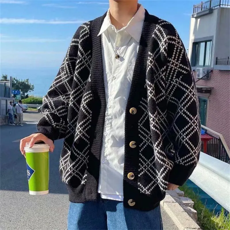 Männer Pullover Männer Pullover Strickjacken Frühling Herbst Mode Argyle Print Tops einreiher V-ausschnitt TopsHerren