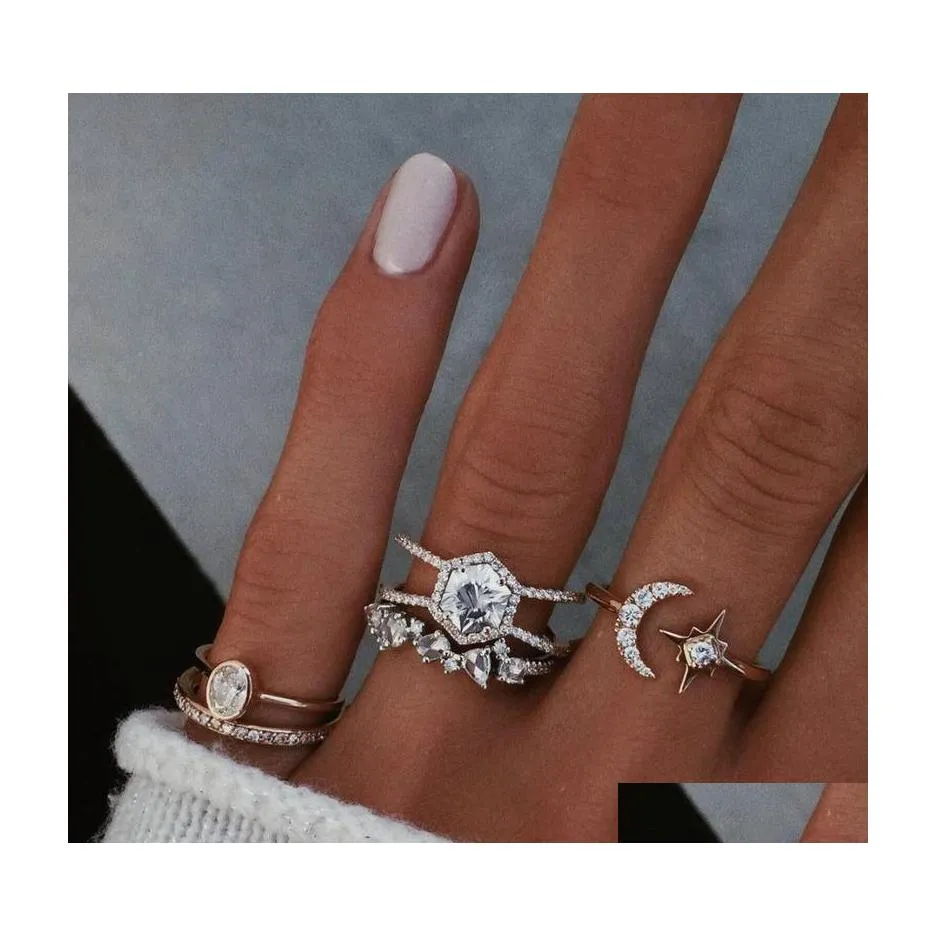 Обручальные кольца 5 шт/сет Boho Vintage Ring for Women Star Crescent Geometric Crystal Suit