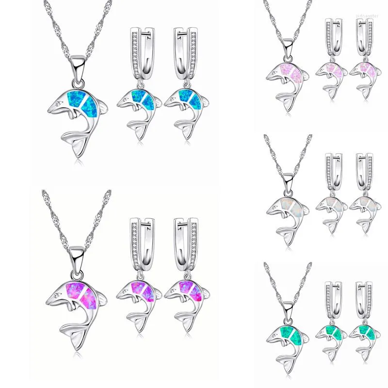 Halsband örhängen set mode delfin smycken söt djur blå imitation eld opal zirkon med för kvinnor tillbehör