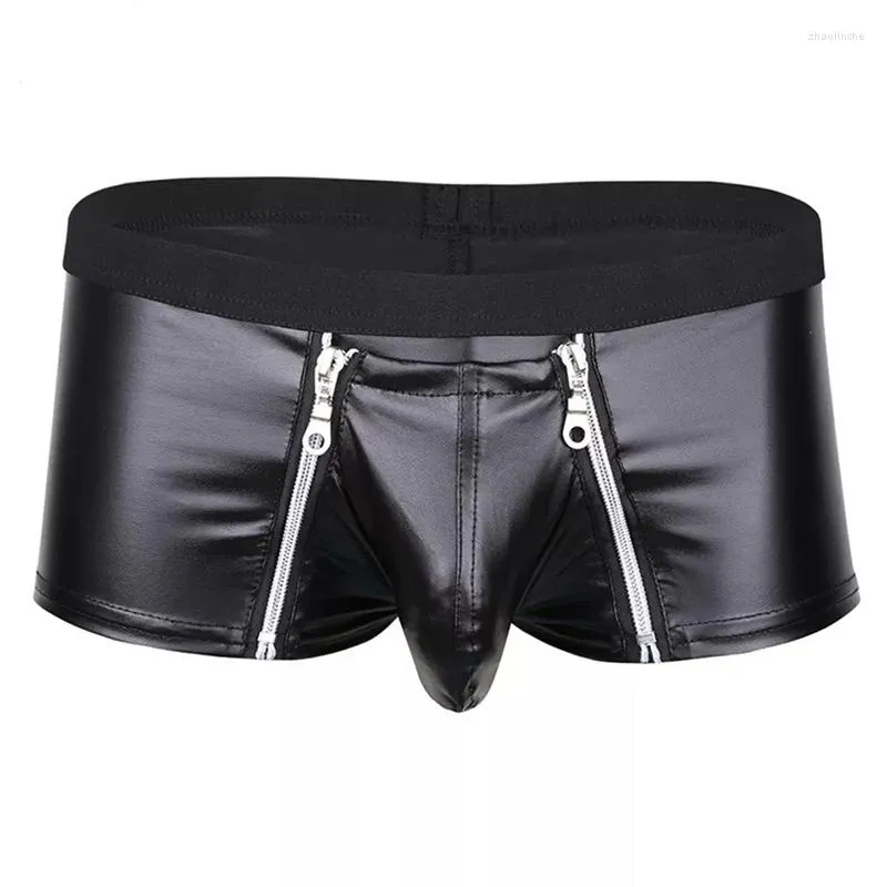 Mens Leather Double Zipper Open Crotch Boxer Leather Underwear With Bulge  Pouch Latex Fetish Lingerie For Sex From Zhaolinshe, $17.76