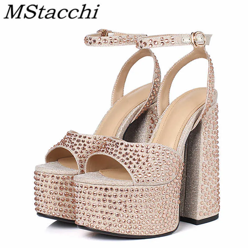 Kl￤dskor sandaler mstacchi kristallplattform sandaler h￶ga klackar br￶llop skor sommar kik t￥ kvinnor sandaler sexig fest tjock botten chunky sandaler 220117