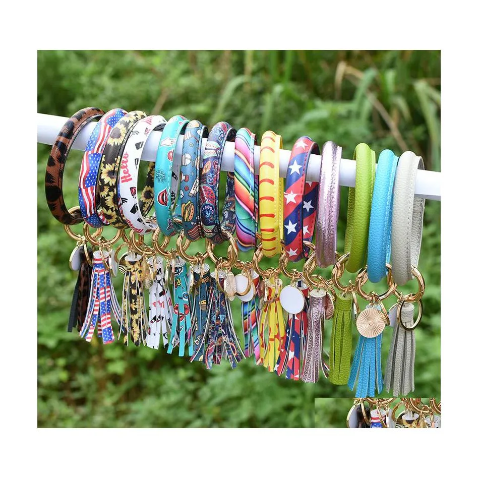 Sleutelringen cirkel ring lederen armband sleutelhangers bangle schattige tas sleutelhangers dames meisjes meisjes tassel sleutelhanger polsketen keyfob sieraden q31fz dhcr6