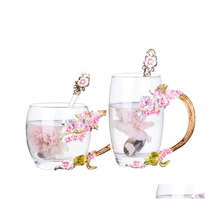 Tasses Couleur Émail Verre Café Tasses De Fleur De Prunier Et Avec Cuillère Poignée Creative Europe Drinkware Drop Livraison Maison Jardin Cuisine Dhxew