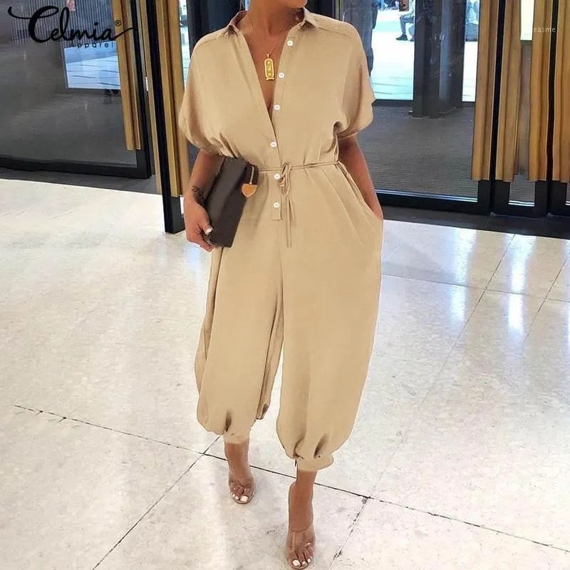 Women's Jumpsuits Celmia Plus Size Harem Pants Women 2023 Summer Short Sleeve Rompers Casual Loose Buttons Cargo Overall