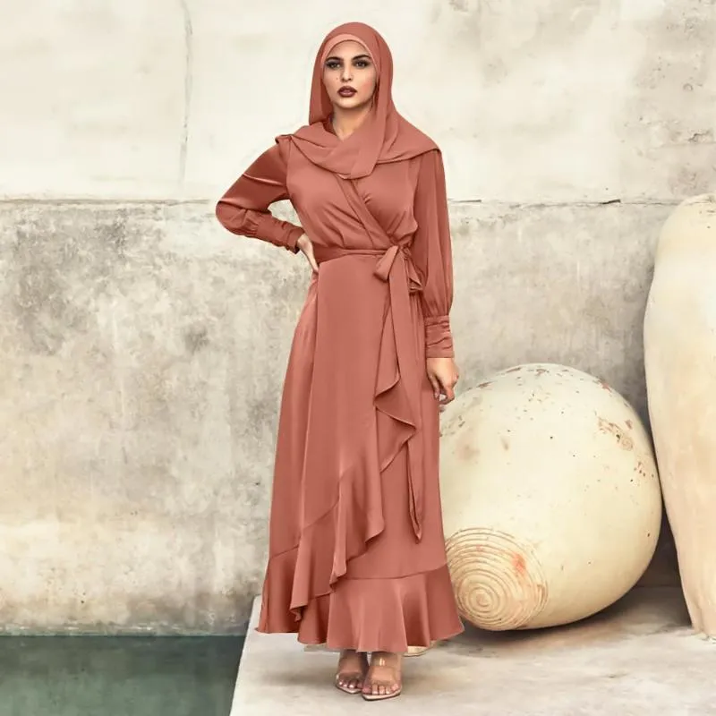 Etnische kleding ruches moslim hijab jurk wrap front lange mouwen islamitische vrouwen abaya dubai turkish bescheiden outfits casual gewaad