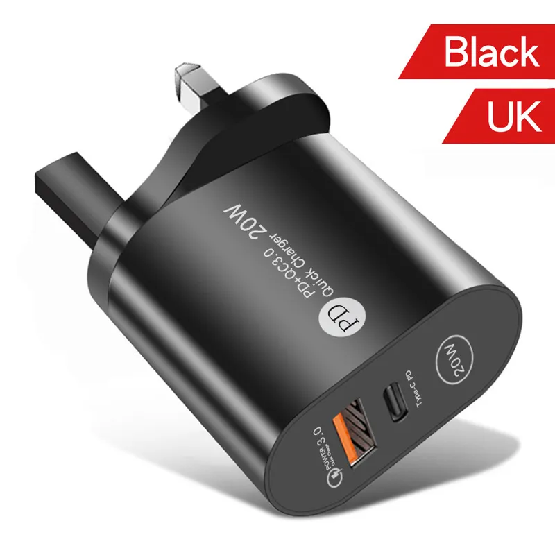 20W Carregamento rápido PD USB Tipo C Carregador Quick 3.0 UE UK Plug Plug Wall Charger para Samsung Xiaomi Huawei