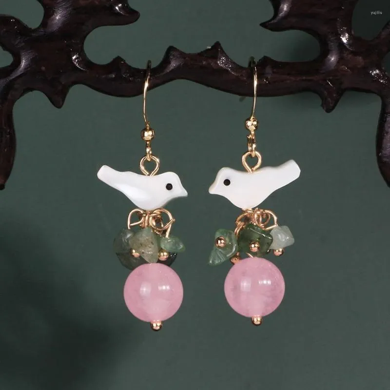Dangle Earrings FARLENA JEWELRY Unique Design Natural Shell Bird Drop With Semi-precious Stone Vintage Pink Crystal Women