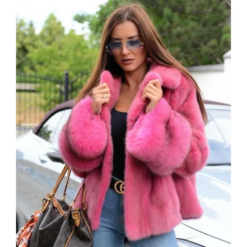 Women's Fur & Faux Fashion Rose Red Real Jacket Turn-down Collar 2023 Whole Skin Genuine Coat Outwear Luxury OvercoatsWomen's Women'sWomen's