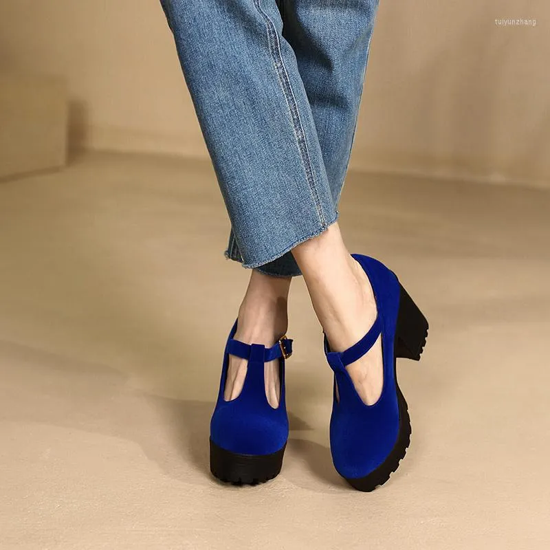 YQBTDL 2023 Fashion Platform T Strap Dress Shoes Female For Women Blue